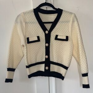 Cream and Black Contrast Trim Cardigan Sweater